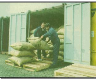 Unstuffing bagged rice from a container.